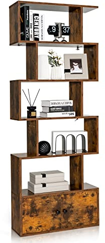 COSTWAY Wooden Bookcase, 5/6-Tier S-Shaped Storage Bookshelf with Cabinet, Freestanding Tall Display Shelf Open Rack Shelving Unit Divider for Living Room, Bedroom and Office (Rustic Brown)