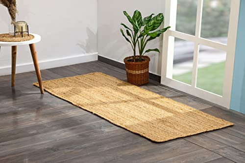 Spetebo Jute Teppich geflochten Natur - rechteckig / 200 x 80 cm - Kurzflor Läufer im Ethno-Style - Niedrigflor Naturfaser Matte recycelbar wasserabweisend antistatisch farbecht
