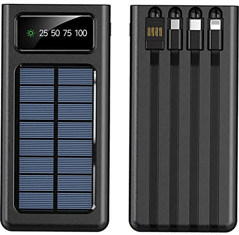 Batterie Externe Solaire 20000 MAh avec Lampe de Poche Chargeur Rapide Portable de Voyage Power Bank avec Câbles Intégrés Chargeur Externe 2 Pièces avec Affichage LED,Black,147 * 71 * 31mm