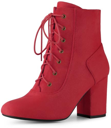 Perphy Round Toe Chunky High Heel Lace Up Red Ankle Boots for Women 8 M US