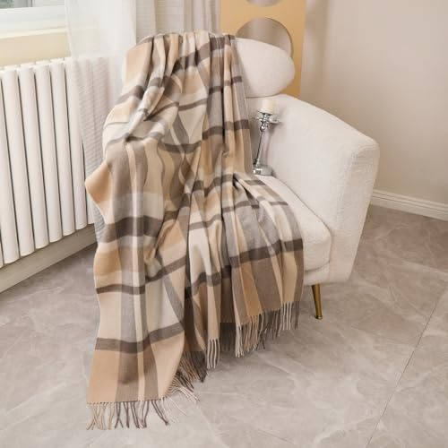 Temminc Pure Wool Blanket - Soft Lightweight Breathable Blanket Large 55x83 inches, 1.5 lbs, Wool Fringed Knee Throw Blanket for Couch Bed Outdoor Travel,Tartan-Camel/Cream