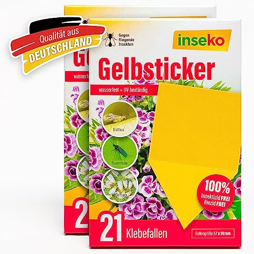 inseko 42x Gelbsticker – Gelbfallen gegen Trauermücken & Weiße Fliegen – 100% giftfrei – für Zimmerpflanzen & Garten – Made in Germany