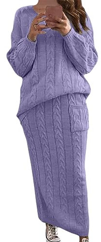 ORANDESIGNE Robe en Tricot Femme Ensemble 2 Pièces Pull à Col Rond et Tricoté Jupe Longue Crayon Tricoté Automne Hiver Ensembles de Jupe 2 Pièces A Lila Clair XL
