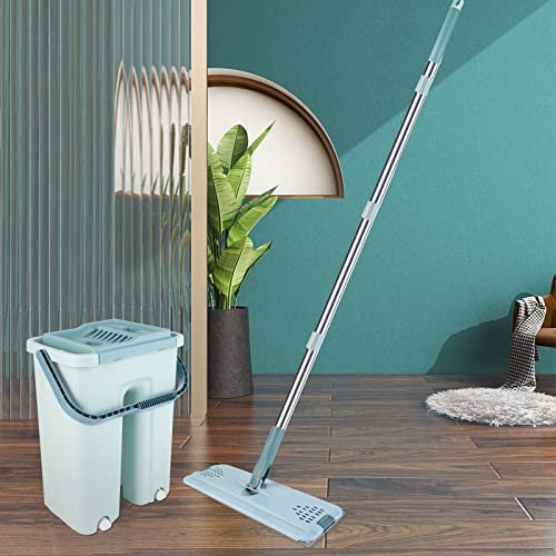 Balai Serpillère et Seau Essoreur, Balai Microfibre Plat avec Manche en INOX, Tampons Réutilisables, pour Tous Types de Sols