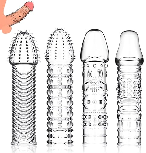 4 Pack Reusable Penis Sleeves, Cock Condoms for Dildo Vibrator Couple Penis Extender Sleeve Penis Enlarger for Men Delay Ejaculation