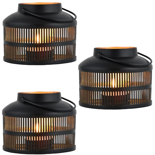 Marrakesch 2er Set Orientalische Deko Teelichthalter rund aus Metall 10cm groß schwarz Gold | Kerzenhalter Solta als Frühling Wohnzimmer Tisch Deko | Kerzenständer für Teelichter als Gartendeko
