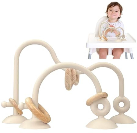 LYNSAN Baby Spielzeug Saugnapf Hochstuhl, Sensorische Spielzeug Silikon mit Holzring, Montessori Spielzeug, Babyspielzeug für Jungen und Mädchen Kindergarten Zuhause Babyzimmer, Beige