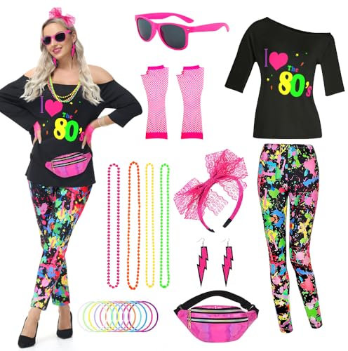TOLOYE 80s Fancy Dress for Women, 80s Costume Outfit with 80s Neon Accessories, 1980s T Shirt Pantalon Fanny Pack, 80s Disco Fancy Dress, 80's Vintage Hippie Costume for Carnival Party