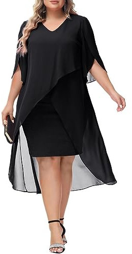 Hanna Nikole Damen Chiffon Cocktailkleid Cape Business Kleider Schwarz L