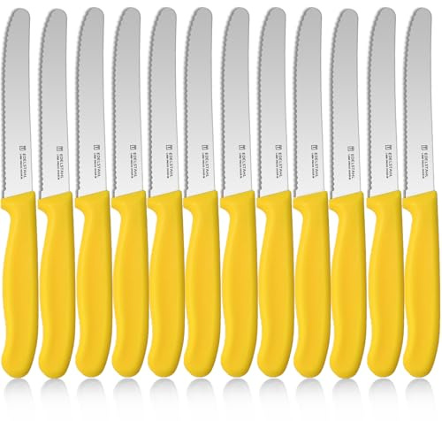targzier Frühstücksmesser 12 Stück,Wellenschliff,Gelb Tomatenmesser | 11cm Rostfreier Stahl Klinge,Robuste Polypropylengriffe,Tafel messer für Küche,Spülmaschinenfest Frühstücksmesser