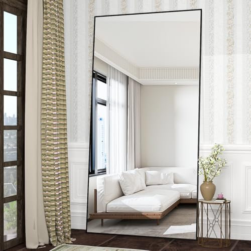CASSILANDO Specchio da appoggio da 180 x 80 cm, con fondo nero, grande specchio da terra, contro parete per camera da letto, rivestimento e cornice sottile da parete, colore nero