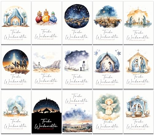 30 religiöse christliche Weihnachtskarten mit 15 verschiedenen Motiven und 30 braune Kraftpapierumschläge aus Recyclingpapier