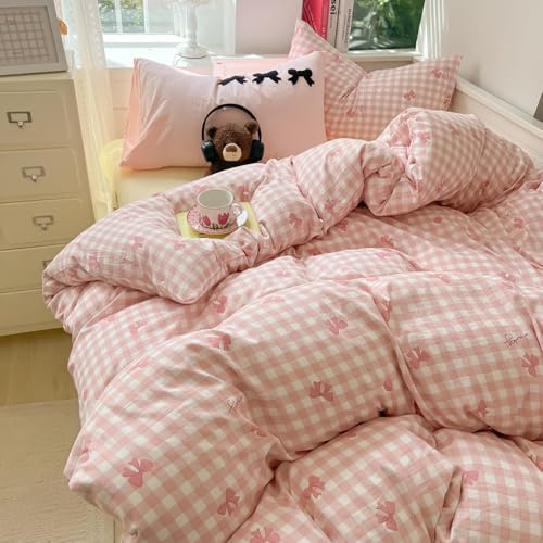 Covebett Ropa de cama de 135 x 200 cm, diseño a cuadros, color rosa y blanco con lazos, funda nórdica de 2 piezas, diseño moderno a cuadros, suave microfibra, funda nórdica con cremallera y funda de