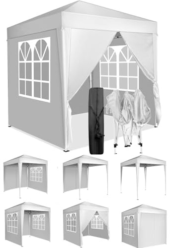 LEADZM 2x2m Pavillon,Pop-up,Winddicht,Wasserdicht,Faltpavillon,UV Schutz 50+,Höhenverstellbar,mit 4 Seitenteilen,für Outdoor, Garten, Party, Camping,Weiß