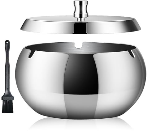 Geoyien Aschenbecher mit rauchabsorbierendem Deckel, Reinigungsbürste, Schutz vor Wind und Geruch, ideal für Wohnzimmer, Büro, Garten, Balkon (Silber)