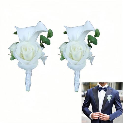 Wuyue Hua vit bröstblomma för bröllop, kort nål bröstblomma konstgjord blomma lämplig för bröllopsdagsfirande, danser, fester och brudgummar heminredning (2 st)