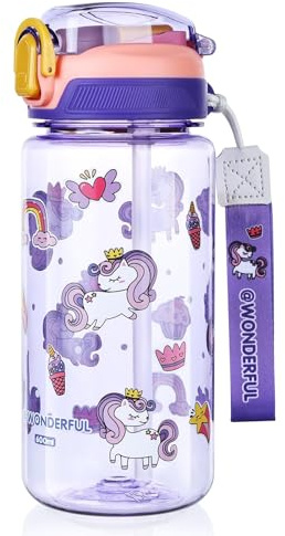 flintronic Borraccia, 600ML Borraccia per Ragazzi e Ragazze Senza BPA, Bottiglia Acqua con Cannuccia, Bottiglia d'Acqua a Prova di Perdita, Regalo per Studenti