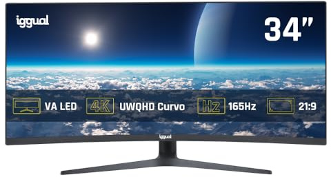 iggual Monitor 4K UltraWide Curvo 34 21:9 WQHD 3440x1440px, 165 Hz, FreeSync, HDR, R1500, VA, 2xHDMI 2xDP, VESA 75x75,-Regulable Inclinación y Rotación. - Diseño Frameless