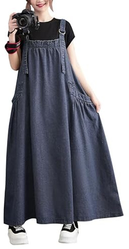Boodtag Women’s Denim Pinafore Dress Summer Sleeveless Plus Size Maxi Strap A-Line Overall Dress with Pocket Elegant Vintage UK Ladies Outfit