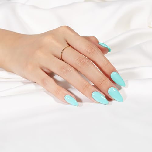 KQueenest Teal Blue Press on Nails Almond Medium Length, Almond False Nails with Glue, Glossy Solid Light Blue Fake Nails Press ons Stiletto, Reusable Soft Gel Stick on Nail for Women, 24 Pcs
