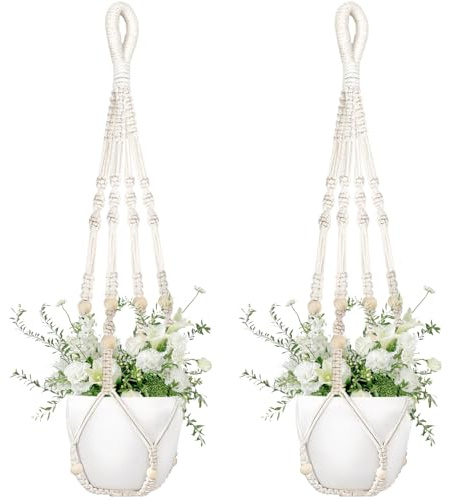 Lunriwis 2PCS Makramee Blumenampel, Böhmischen Stil Blumentopf Hängend, 35 Inch Terassendeko Pflanze Hängeampel, Blumenampel Hängend Innen-und Außenbereich Balkon Dekoration