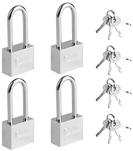 Confezione da 4 lucchetti ad arco lungo resistenti con chiavi, resistenti alle intemperie per capannoni, armadietti della palestra, recinzioni, cancelli, garage e valigie, accesso sicuro con chiave
