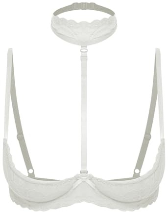 FEESHOW Donna Reggiseno Senza Coppe Lingerie Pizzo Bralette Seno Libero Seno Scoperto con Collare Biancheria Intima Erotica Bianco M