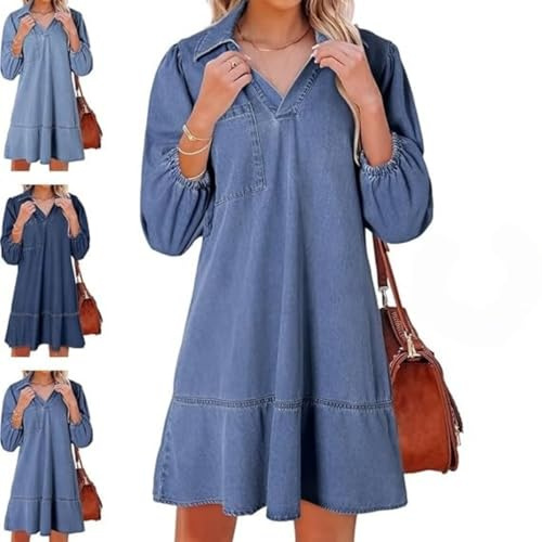 Dam V-ringad puffärm denim lager klänning, sommar jeansklänningar med 3/4 ärmar volang cowgirl-kläder, BLÅ, XXL