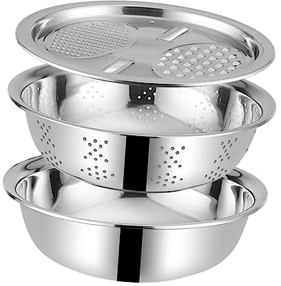 DECORNIJIA Set 3 Pezzi Colino Da Cucina e Vaschetta Per Tagliare Le Verdure in Acciaio Resistente 26cm Design Scarico Impilabile Per Lavare e Scolare Frutta e Verdura in Cucina