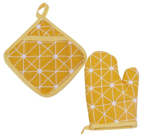 Ipetboom 4pcs Cotton Linen Heat Resistant Gloves and Pads with Yellow Chessboard Pattern Microwave Oven Thermal Insulation for Kitchen Cooking and Baking Includes Gloves and Cushions with