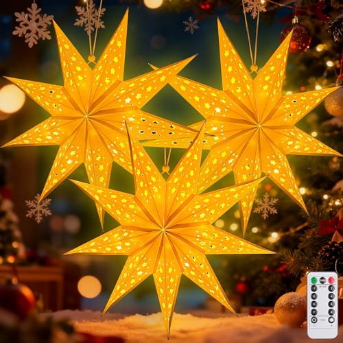 3Pcs Papierstern Lampenschirm,45cm LED Papiersterne Zum Aufhängen mit Fernbedienung und Timer,Papierstern mit Beleuchtung 8 Leuchtmodi,Papierstern Beleuchtet zum Aufhängen,Weihnachtsstern Beleuchtet