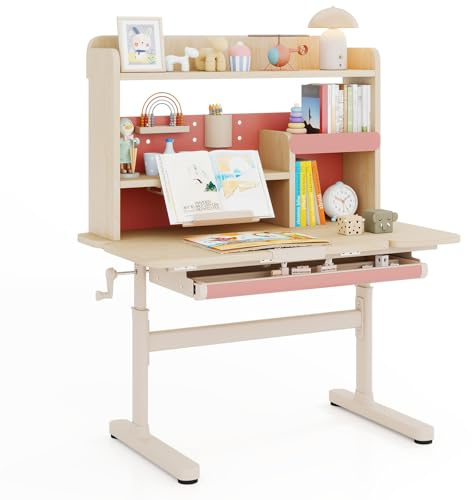 DREAMADE Kinderschreibtisch mit ergonomischer Tischplatte 100 x 60 cm, höhenverstellbarer Schreibtisch mit ausziehbarer Lesepult & Ablagefächern, Schülerschreibtisch für Kinder ab 3 Jaren (Rosa)