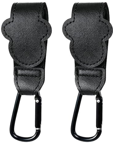 Crochets pour poussette, ensemble de 2 clips pour poussette, matériau en cuir PU avec fermeture velcro, 21x3 cm, universel pour poussettes, noir