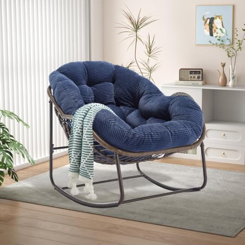 LIFEISLE Schaukelstuhl Schaukelsessel mit Rattan, Loungesessel drinnen & draußen, Ei-Schaukelstuhl für Wohnzimmer Balkon Garten Outdoor und Indoor Cord Blau