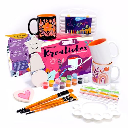 Sonibell Keramik Bemalen Set mit 3 Tassen,Farben,Stiften & Zubehör