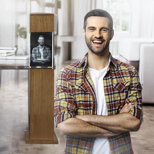 contento | 3D Glasfoto mit Leuchtstele | LED-beleuchtete Glasfoto-Stele 32,6 cm, Kristallglas 9×6×6 cm | Geschenkidee für Weihnachten, Geburtstag (Holz, S Hochformat (32,6 cm / 9x6x6cm))