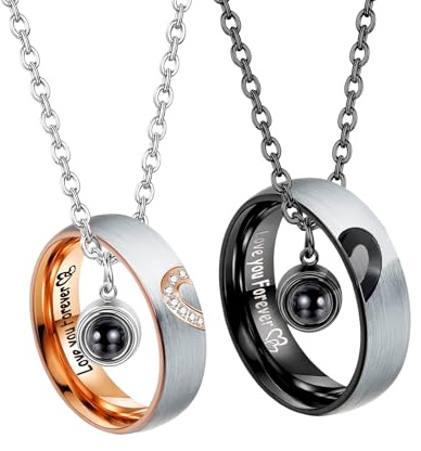 Paire de colliers avec pendentif en forme d'anneau pour couples - Chaîne personnalisée avec pendentif projection - En acier inoxydable - Pour elle et lui - Chaînes partenaires avec puzzle en forme de