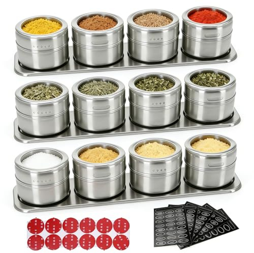 PORFOYO Kryddburkar: Set 12 100 ml Magnetiska Kryddburkar, Spice Jars med skruvlock, magnetiska behållare med etikett, lock och chassi för förvaring av kryddor (silver)