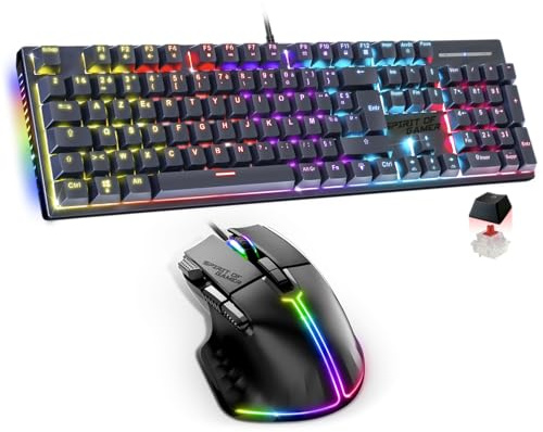 Spirit Of Gamer, Pack Clavier Souris Gamer RGB, Clavier Mecanique AZERTY Swtich Rouge, Technologie N-Key Rollover, 26 Touches Antighosting, Souris 12800 DPI avec 8 Boutons Programmables
