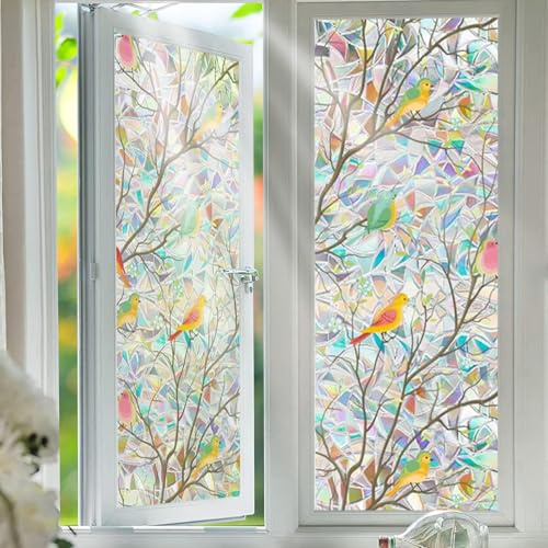 Shackcom Fensterfolie Sichtschutz Bunt 3D Regenbogen mit Vögeln, Selbsthaftend & Wiederverwendbar, UV-Schutz ohne Klebstoff, für Büro Wohnzimmer, 90x200 cm
