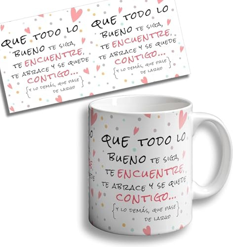 Taza regalo original cumpleaños | puedes personalizarla con nombre si quieres | Regalos Desayuno feliz cumpleaños | Que todo lo bueno te siga, te encuentre, te abrace y se quede contigo