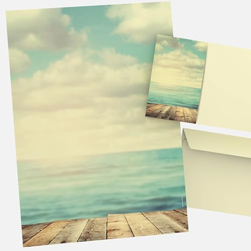 Briefpapier Ocean View DIN A4 20 Blatt mit 20 DIN LANG Umschlägen – maritimes Motivpapier Set mit Meer & Holzsteg