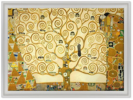 Quadro su Tela Canvas INTELAIATO - con Cornice - L'Albero della Vita - Gustav Klimt - Cultura Arte - Art Nouveau Stile Liberty - 50x70cm - Stile Contemporaneo Bianco - (cod.199)