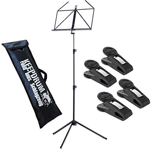 K&M 100/1 Notenständer Schwarz + 4 Stück Notenklammer + keepdrum Tasche