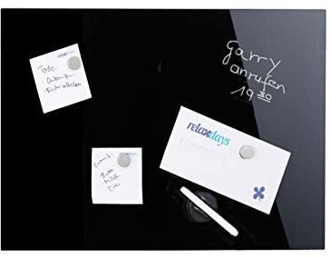 Relaxdays Tableau magnétique 60 x 40 cm, panneau d’affichage, pense-bête, 3 aimants, verre, noir