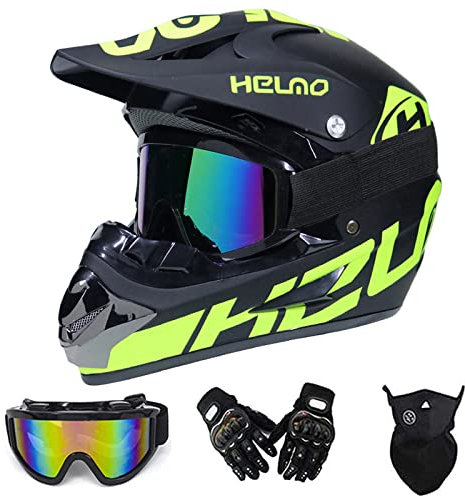 MRDEER Motocrosshjälm med glasögon, handskar och mask, män/kvinnor, motorcykelhjälm, crosshjälmar med avtagbara öronmuffs, downhill fullface hjälm MTB off road säkerhetsskydd, grön-H, L