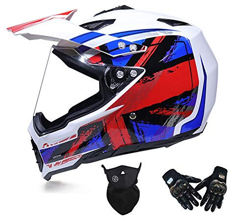 Motocross Helm Set, MRDEAR Fullface Offroad Helm mit Handschuhe Maske, Motorrad Crosshelm mit Visier, Motorradhelm Schutzhelm Sicherheit Schutz Kit für MTB Enduro BMX Downhill,Weiß,XXL