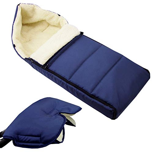 BAMBINIWELT KOMBI-ANGEBOT Muff + vinterväska 108 cm – av lammull för barnvagn, buggy, hjulberlock – ylle – LINIERT marinblå