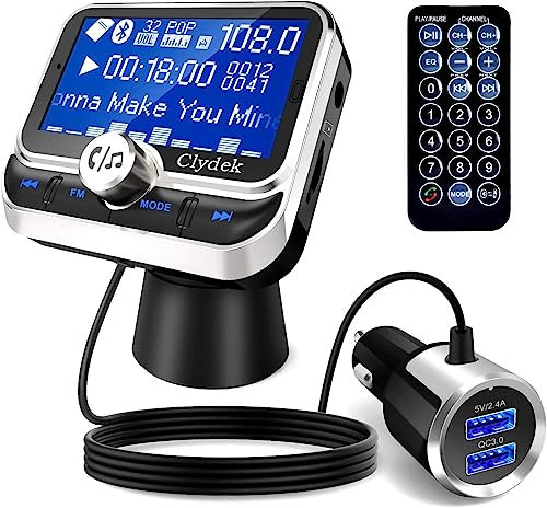 Clydek Bluetooth FM Transmitter for Car, Bluetooth 5.0 Wireless Car Audio Adapter with QC3.0 & 5V/2.4A Dual Charging Port, Easy Attached to Air Vent, Hands Free Car Kit, Music Player (with Remote)