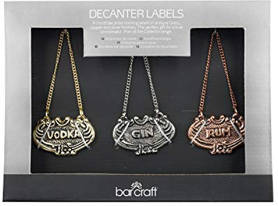 BarCraft BCDC3PC Decanter Labels Set in Gift Box, Rum, Vodka and Gin Designs, Aluminium, Assorted Colours, Silver,3 Pieces